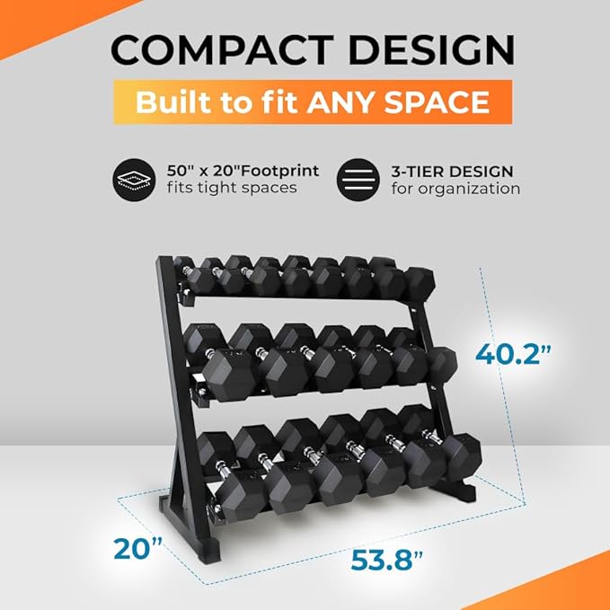 Rubber Hex Dumbbell Set with Rack, 8/10/12/15/20 Pair (450/550/780/1200/1550/2100 lbs total) Weight Rack with Dumbbells for Home Gym & Strength Training