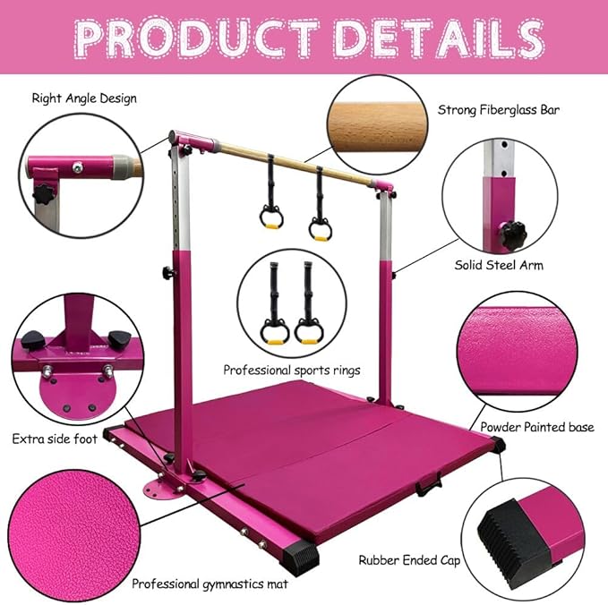 Gymnastics Kip Bar for Home Indoor Training,Horizontal Bar for Kids Girls Junior,Adjustable Arms from 3' - 5' Gym Equipment,1-4 Levels,300lbs Weight Capacity