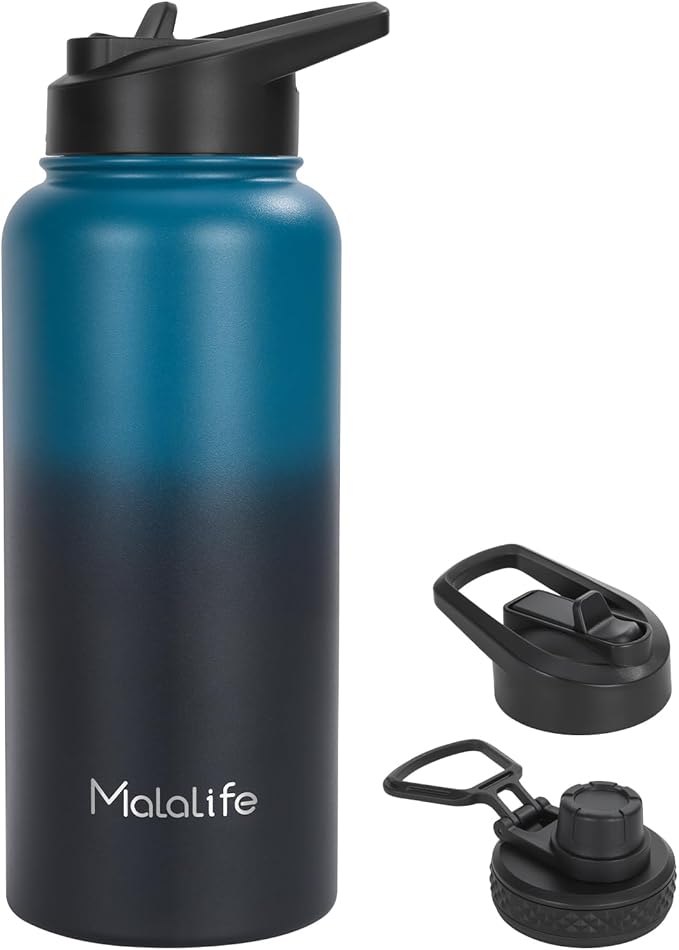32oz Insulated Stainless Steel Water Bottle, Dual lids, Large Flask, Wide Mouth Sport Drink Bottle (Keep Cold 24H Hot 12H) with Straw, Leakproof Spout Lid (Deep Teal & Onyx)
