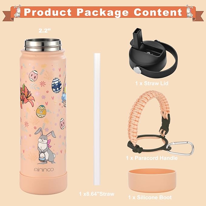 mininoo Water Bottle with Straw Lid, 24 oz Insulated Stainless Steel Double Wall Vacuum, Gifts, Cute Bunny & Egg(Peach Fuzz)