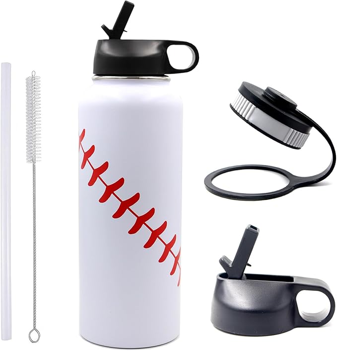 40 oz Baseball Water Bottle, Wide Mouth Sports Flask Metal Travel Tumbler with 2 Lids, Stainless Steel Double Wall Vacuum Insulated Thermo Water Jug, Baseball Accessories Gifts for Mom Boys Girls