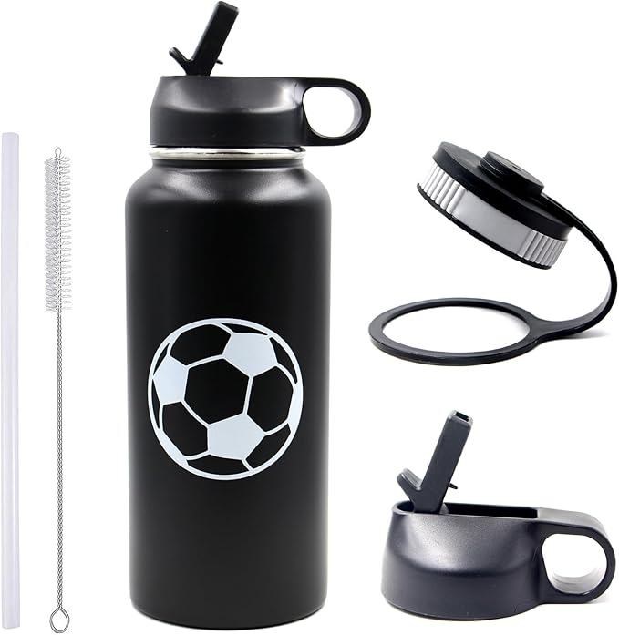 32 oz Soccer Water Bottle with Straw, Wide Mouth Sports Flask Metal Travel Tumbler with 2 Lids, Stainless Steel Double Wall Vacuum Insulated Leakproof Thermo Water Bottles, Soccer Gifts for Boys Girls