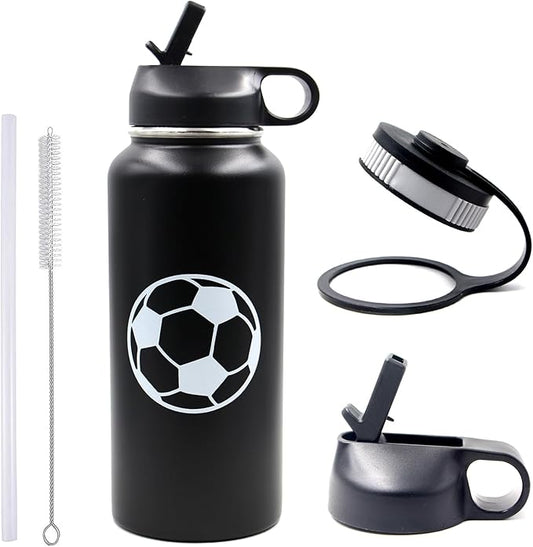 32 oz Soccer Water Bottle with Straw, Wide Mouth Sports Flask Metal Travel Tumbler with 2 Lids, Stainless Steel Double Wall Vacuum Insulated Leakproof Thermo Water Bottles, Soccer Gifts for Boys Girls