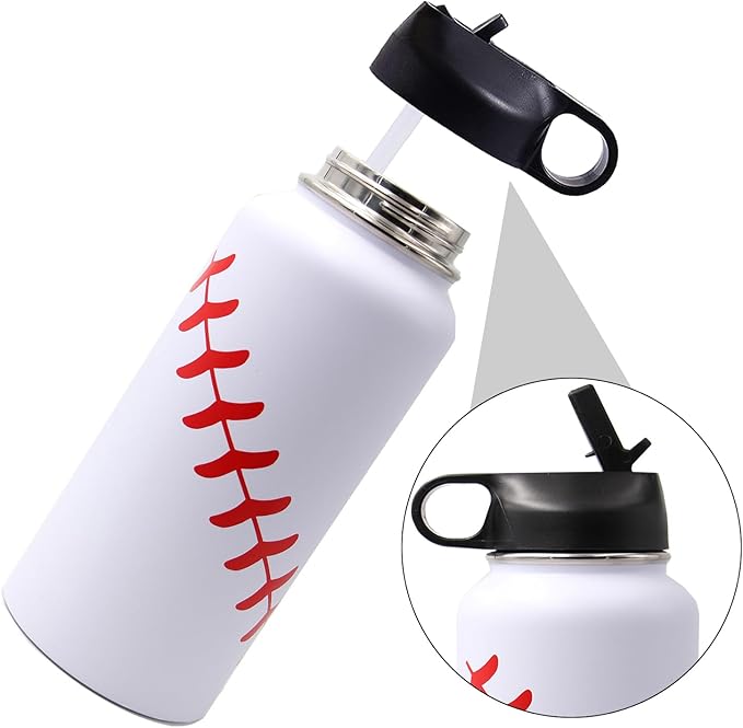 32 oz Baseball Water Bottle, Wide Mouth Sports Flask Metal Travel Tumbler with 2 Lids, Stainless Steel Double Wall Vacuum Insulated Thermo Water Bottles, Baseball Accessories Gifts for Mom Boys Girls