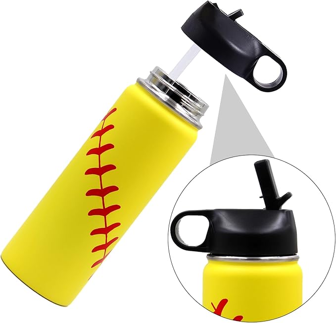 18 oz Softball Water Bottle, Wide Mouth Sports Flask Metal Travel Tumbler with 2 Lids, Stainless Steel Double Wall Vacuum Insulated Leak Proof Thermo Water Bottles, Softball Stuff Gifts for Mom Girls