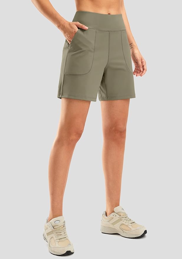 SANTINY Women's 6'' Athletic Long Shorts with 4 Pockets High Waisted Bermuda Shorts for Women Walking Running Casual