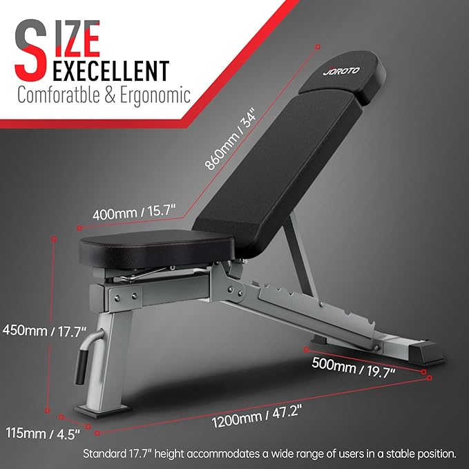 JOROTO Adjustable Weight Bench, Foldable Workout Bench for Home Gym Strength Training, Incline Decline Flat Bench Press with Wheels and Extended Backrest, Full Body Workout Equipment