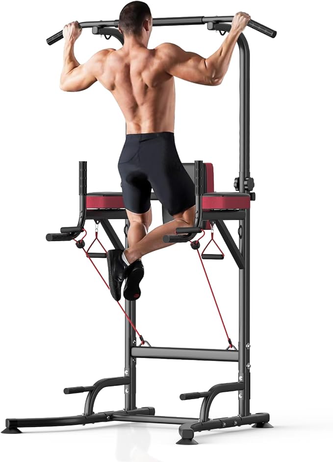 Dskeuzeew Power Tower Pull Up Bar Station for Home Gym Strength, 450LBS Pull Up Dip Station Assistive Trainer Height Adjustable with Elastic Ropes, Pull Up Bar Free Standing Heavy-Duty Fitness Equipment