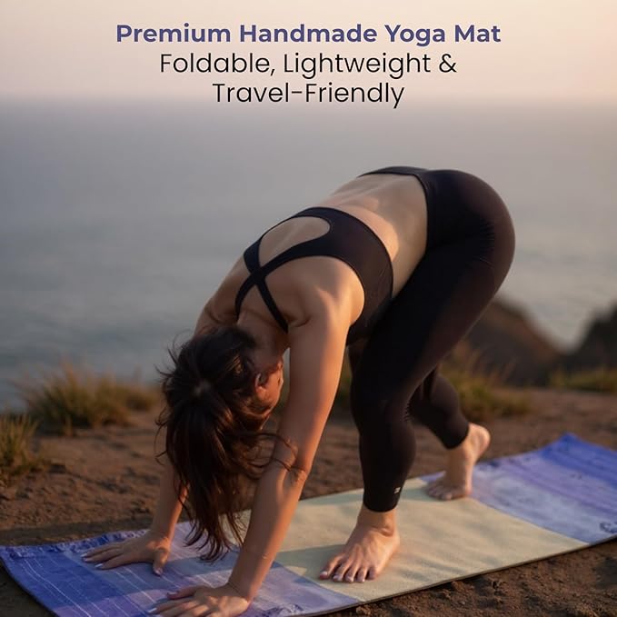Indian Handmade100 % Organic Anti Skid Multi Colour Cotton Yoga Mat - Eco-Friendly Hand-Woven Rug - Non-Slip & Thick (24”x72”x5mm) for Hot yoga & Everyday Fitness at Home - Comfortable & Foldable Extra-Long Mat