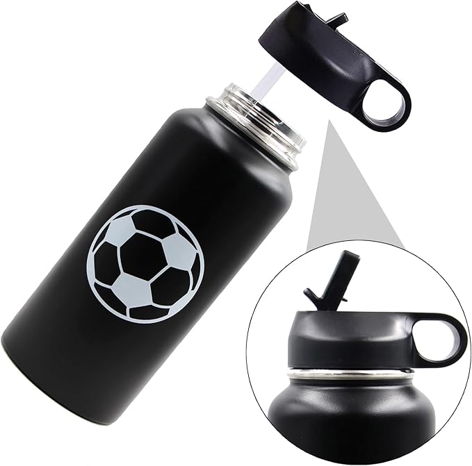 32 oz Soccer Water Bottle with Straw, Wide Mouth Sports Flask Metal Travel Tumbler with 2 Lids, Stainless Steel Double Wall Vacuum Insulated Leakproof Thermo Water Bottles, Soccer Gifts for Boys Girls