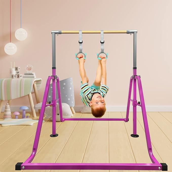 GLANT Gymnastics Bar for Kids with Rings Set, 7 Heights Adjustable Easy Folding Gymnastic Training Bar Kids Monkey Horizontal Bars - Max Load 300LBS