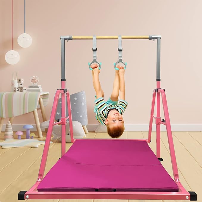 GLANT Gymnastics Bar for Kids with Rings Set, 7 Heights Adjustable Easy Folding Gymnastic Training Bar Kids Monkey Horizontal Bars - Max Load 300LBS