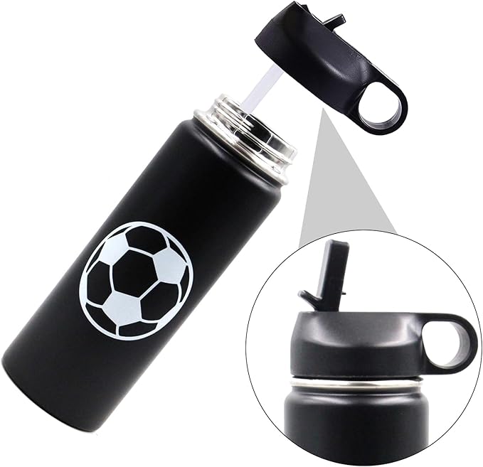 18 oz Soccer Water Bottle with Straw, Sports Flask Metal Travel Tumbler with 2 Lids, BPA Free Stainless Steel Double Wall Vacuum Insulated Leak Proof Thermo Water Bottles, Soccer Gifts for Boys Girls