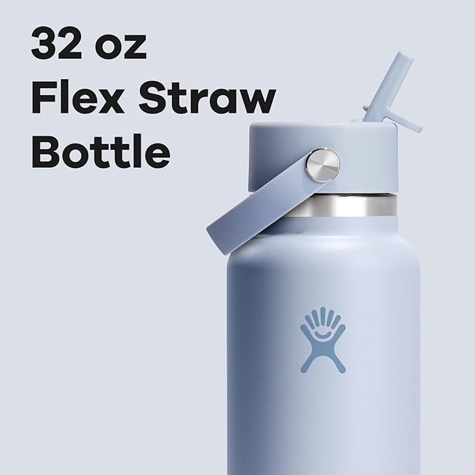 Hydro Flask Water Bottle - Insulated Stainless Steel - Wide Mouth Flex Straw Lid, Non Spill, Leakproof and Refillable in 32 Oz Surf Blue