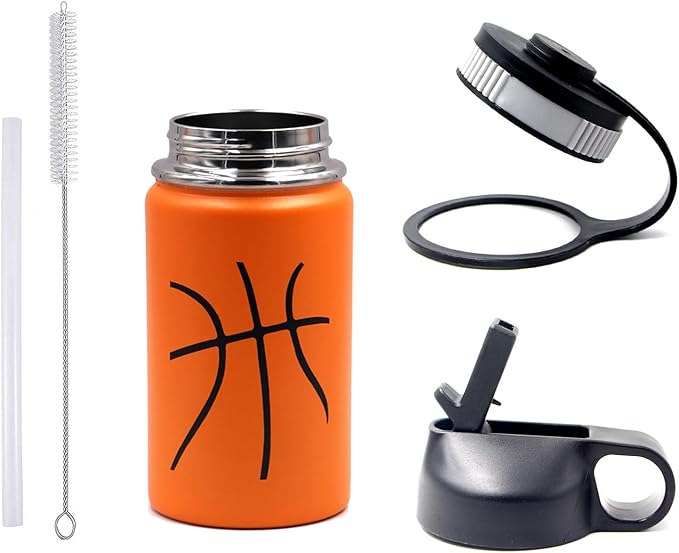 12 oz Basketball Water Bottle, Sports Flask Metal Travel Tumbler with 2 Lids, Stainless Steel Double Wall Vacuum Insulated Thermo Water Bottles, Basketball Accessories Stuff Gifts for Mom Boys Girls