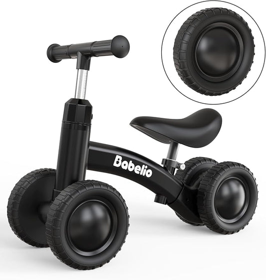 BABELIO Baby Balance Bike for 1 Year Old Boys Girls, 10-36 Month Toddler Balance Bike, 4-Wheel Off-Roader Design, Adjustable Seat & Handlebar - Black