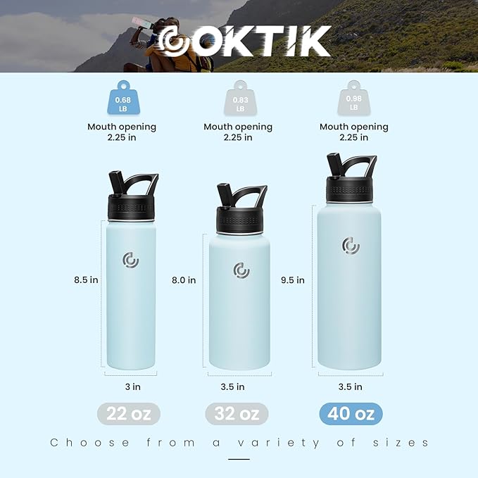 COKTIK 40oz Sports Water Bottle, Stainless Steel Water Bottle for Insulated, Reusable Travel Bottle, With Straw, With Handle Grip for Easy Carrying, Suitable for Cycling, Outdoor Vacations(FOG)
