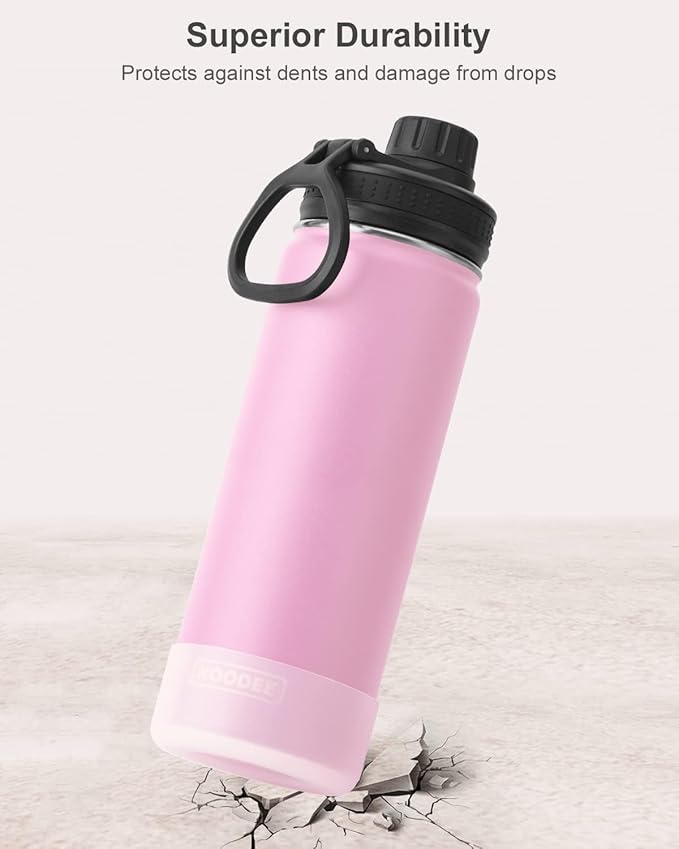 koodee Insulated Water Bottle, 22 oz Stainless Steel Double Wall Vacuum Wide Mouth Sport Bottle with Leakproof Spout Lid (Pink)