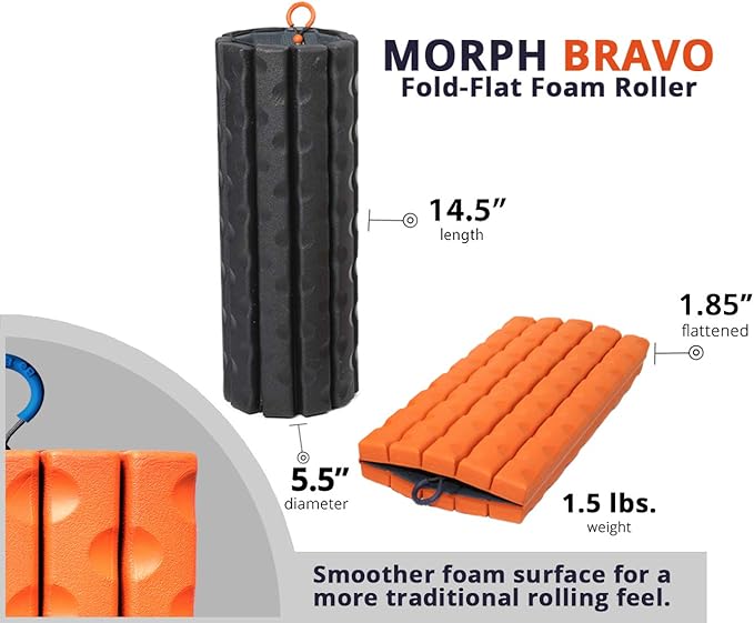 Brazyn Morph Foam Roller (Bravo-Orange): Collapsible Travel Foam Roller for Back Pain Relief, Workout Muscle Recovery, Back Massager, Deep Tissue Leg Massage, Back Cracker, Stretcher; Small, Portable