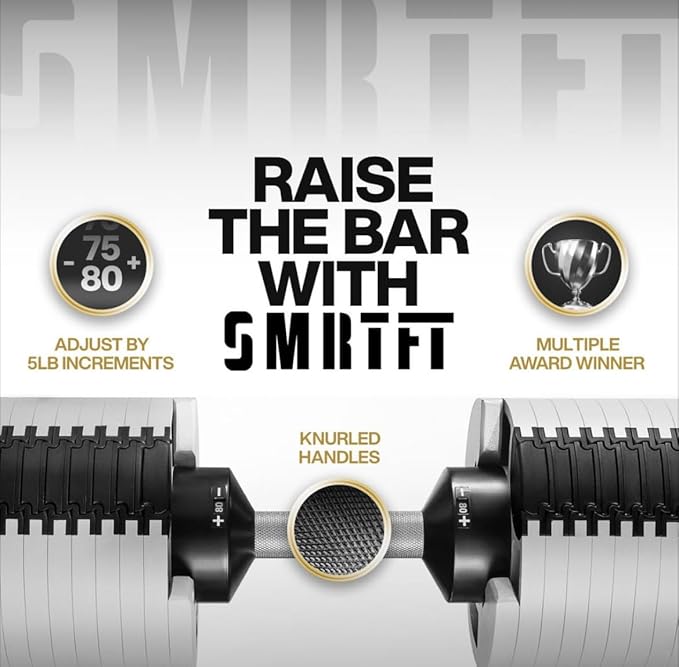 SMRTFT NUOBELL Adjustable Dumbbells 5–80 lb Set | Original NUOBELL | 22 Weights in 1 for Home Gym Strength Training | Steel-Knurled Handle | Space-Saving Dumbbell Set of 2 | 2-Year Warranty