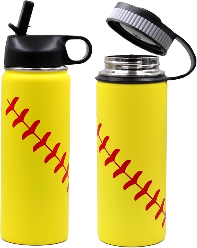 18 oz Softball Water Bottle, Wide Mouth Sports Flask Metal Travel Tumbler with 2 Lids, Stainless Steel Double Wall Vacuum Insulated Leak Proof Thermo Water Bottles, Softball Stuff Gifts for Mom Girls
