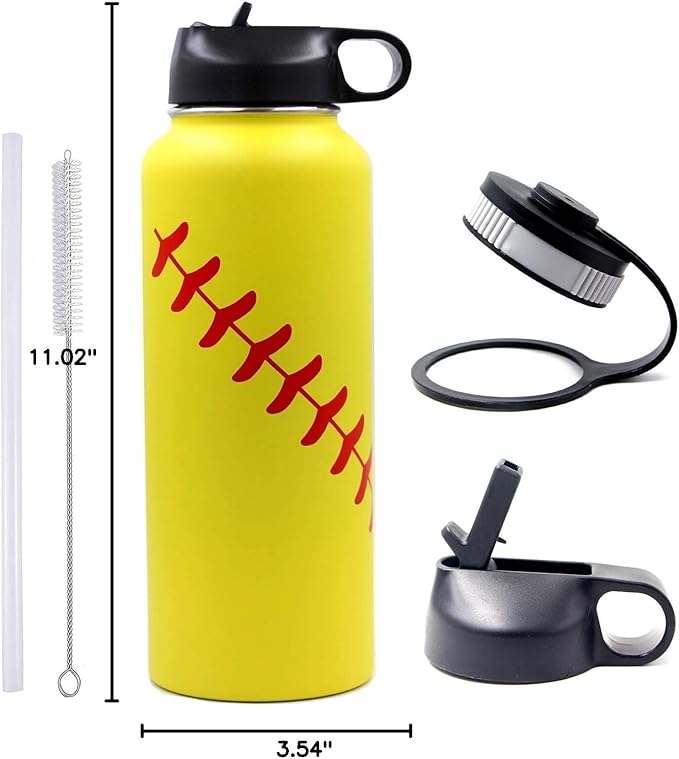 40 oz Softball Water Bottle, Wide Mouth Sports Flask Metal Travel Tumbler with 2 Lids, Stainless Steel Double Wall Vacuum Insulated Leak Proof Thermo Water Jug, Softball Stuff Gifts for Mom Girls