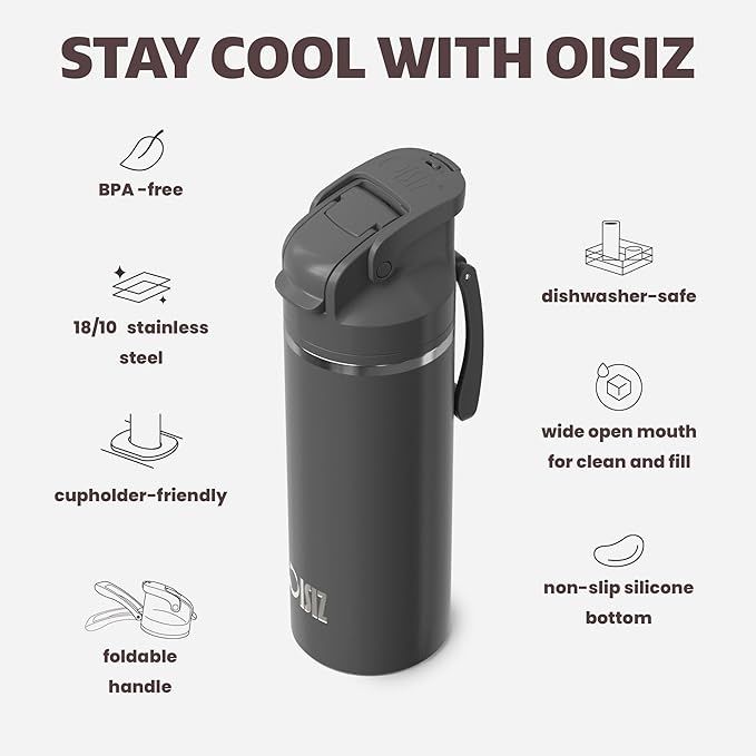 OISIZ Insulated Water Bottle 20 oz with 2 in 1 Spout and Straw Lid,One Click Safety Lock,100% Leakproof,Keep Cold 24H,Vacuum Stainless Steel Water Bottle for School,Travel and Sports,Dishwasher Safe
