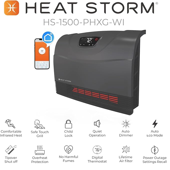 NEW Touch Screen - 1500 Watt ~ Infrared Space Heater ~ Wall Mounted ~ Wifi Enabled Grey with WIFI