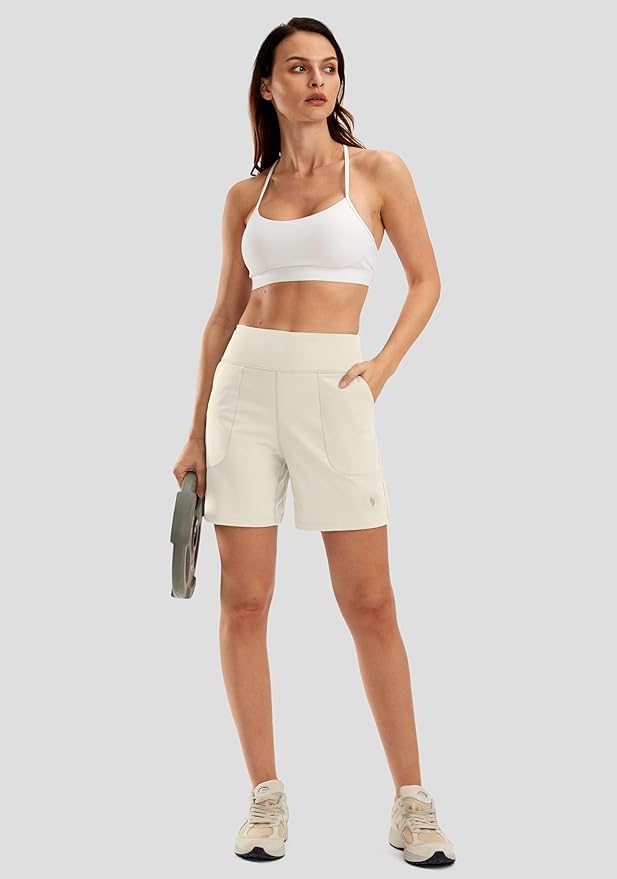 SANTINY Women's 6'' Athletic Long Shorts with 4 Pockets High Waisted Bermuda Shorts for Women Walking Running Casual