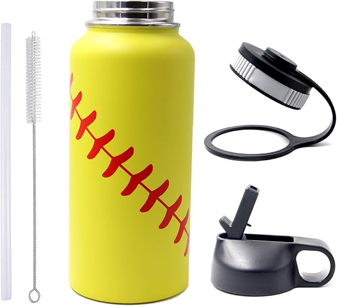 32 oz Softball Water Bottle, Wide Mouth Sports Flask Metal Travel Tumbler with 2 Lids, Stainless Steel Double Wall Vacuum Insulated Leak Proof Thermo Water Bottles, Softball Stuff Gifts for Mom Girls