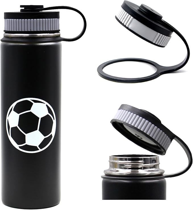 22 oz Soccer Water Bottle with Straw, Sports Flask Metal Travel Tumbler with 2 Lids, BPA Free Stainless Steel Double Wall Vacuum Insulated Leak Proof Thermo Water Bottles, Soccer Gifts for Boys Girls