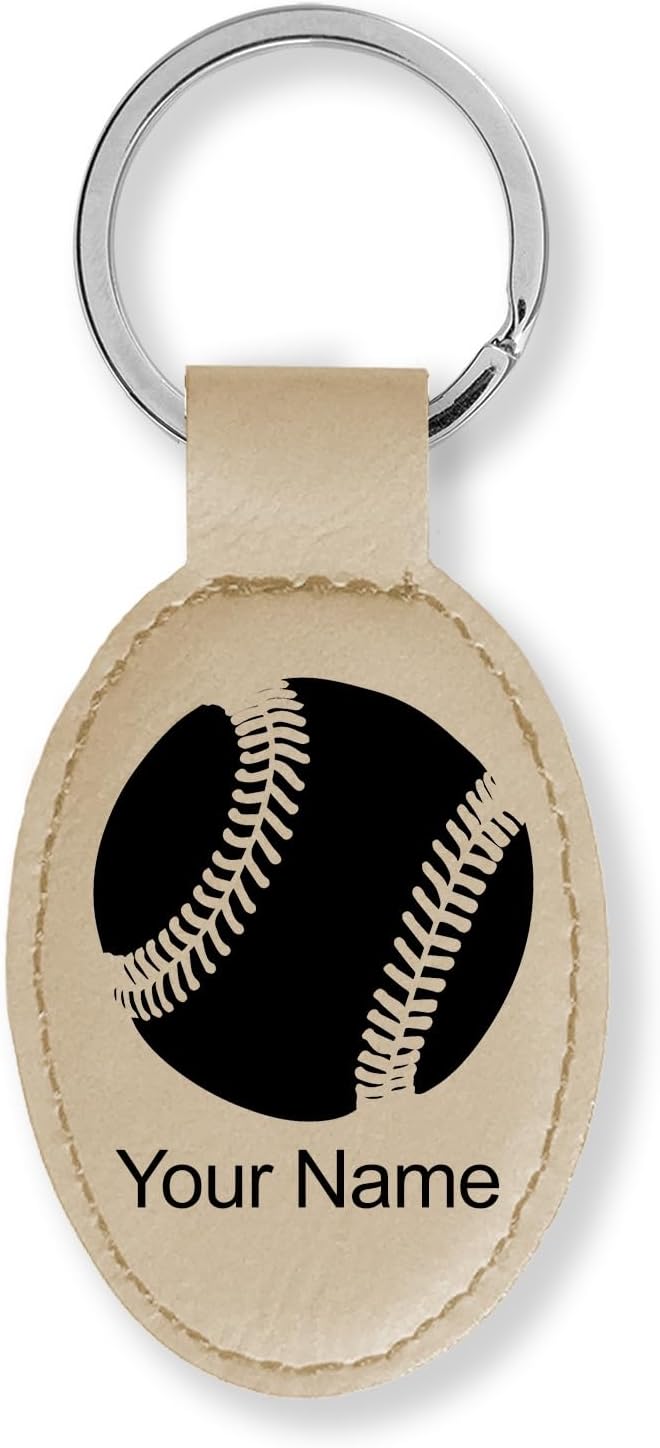 LaserGram Oval Keychain, Baseball Ball, Personalized Engraving Included (Beige)