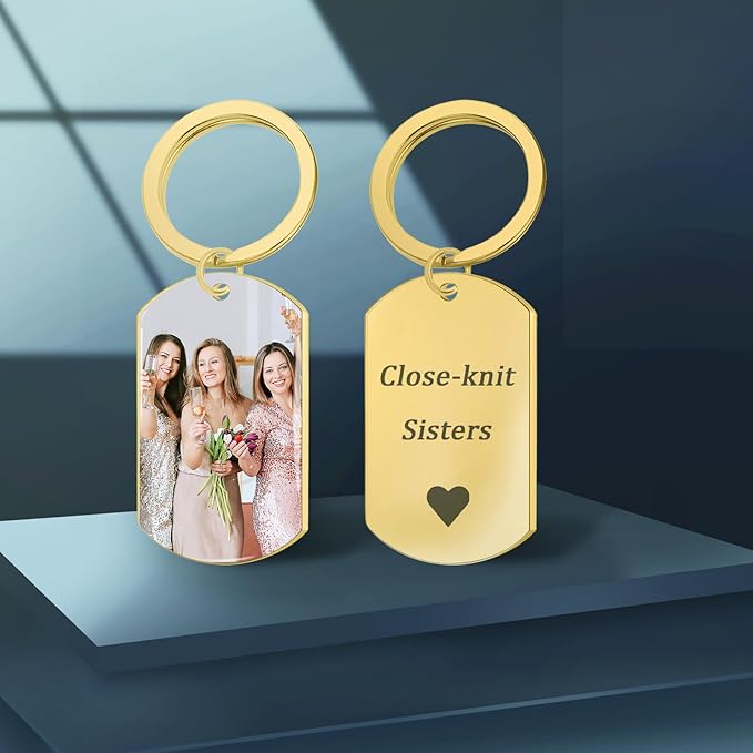QYH Custom Keychain with Picture - Personalized Key Chain Laser Engraved Photo Text Gold Keychains Customized Gifts for Men