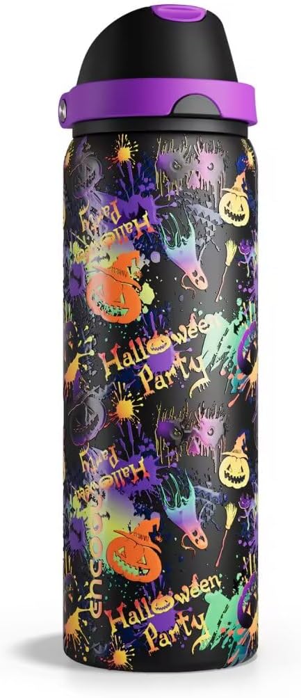 ENCOOL Insulated Water Bottle with Straw Stainless Steel Water Bottle with Push Button Lid, Leak-Proof & BPA-Free, Keeps Cold for 24 Hours for Sports, Travel, Gym (32 oz, Ghost Party)