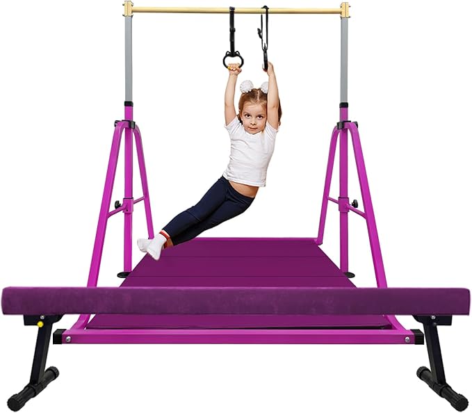 Foldable Gymnastics Bar and 8FT Balance Beam Set,Easy Assemble and Storage for Kids Children Girls Training,Home Gym Equipment,Ideal for Christmas&Birthday Gift Ages 3-15