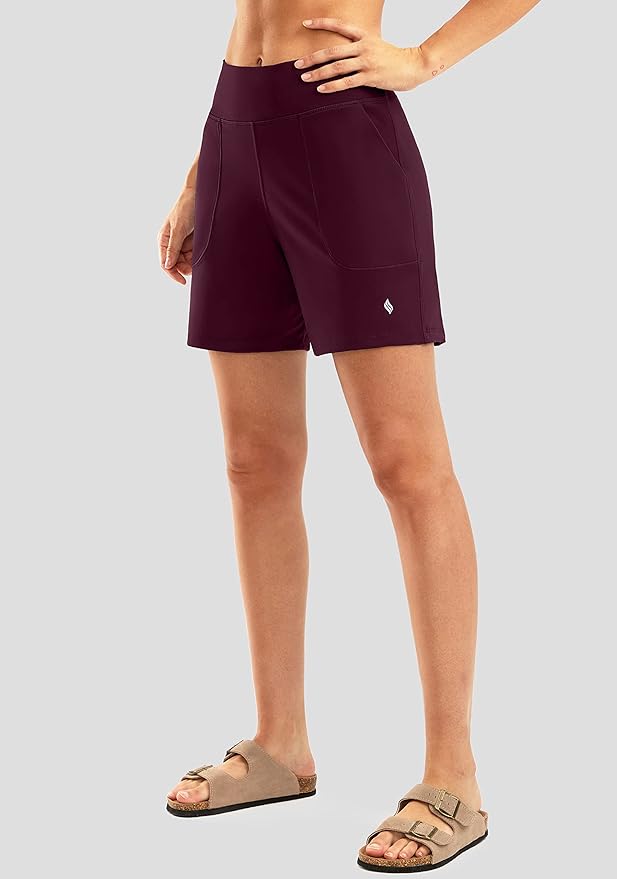 SANTINY Women's 6'' Athletic Long Shorts with 4 Pockets High Waisted Bermuda Shorts for Women Walking Running Casual