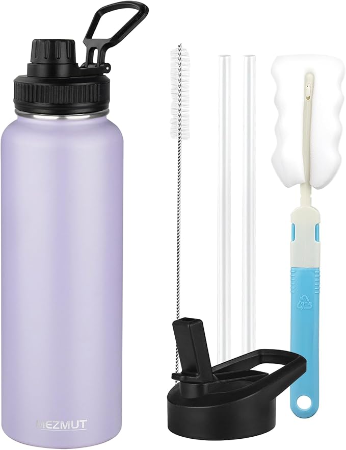 MEZMUT Insulated Water Bottle with Straw&2 Lids 40oz Stainless Steel Water Bottles Sports Metal Water Bottle Double Walled Vacuum Insulated Bottles Thermos Leak-Proof Travel Thermal (Purple)