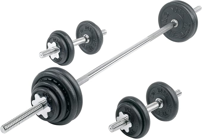 York Barbell 110 lb Contour Cast Iron Spinlock Dumbbell & Barbell Set – Adjustable Free Weights with 6’ Standard Bar, Dumbbell Handles, Plates & Collars – Home Gym Strength Training Kit