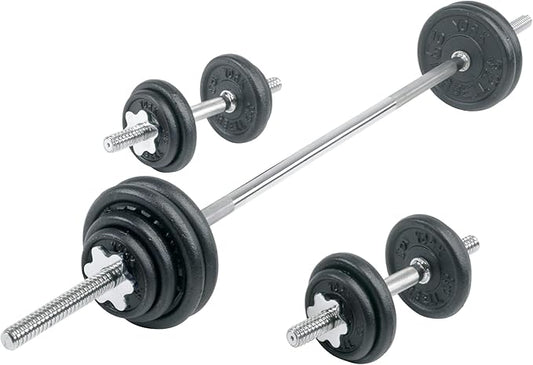 York Barbell 110 lb Contour Cast Iron Spinlock Dumbbell & Barbell Set – Adjustable Free Weights with 6’ Standard Bar, Dumbbell Handles, Plates & Collars – Home Gym Strength Training Kit