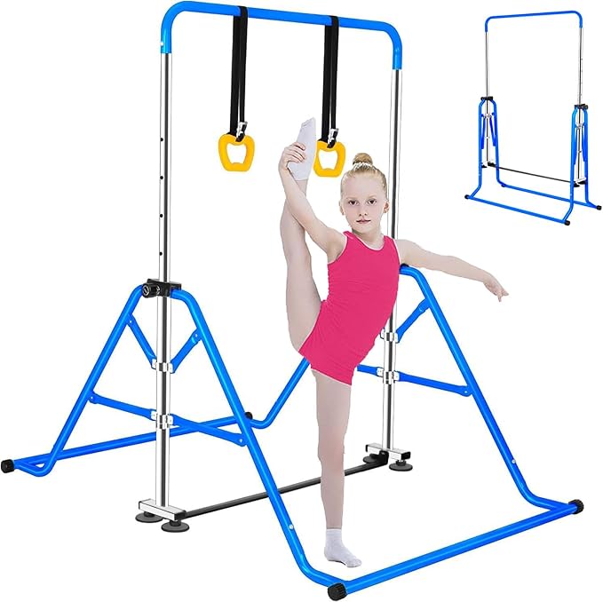 Gymnastics Horizontal Bar, Junior Training Kip Bar Gymnastics Equipment for Home, Adjustable Telescopic Height Folding Horizontal Bar with Gymnastic Rings for 3-12 Years Old Kids