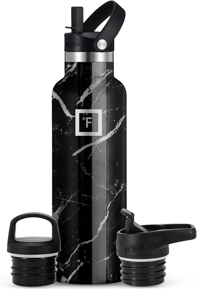 IRON °FLASK Camping & Hiking Hydration Flask with Straw, BPA-Free Insulated Stainless Steel Sports Water Bottle - 24 oz Black Marquina
