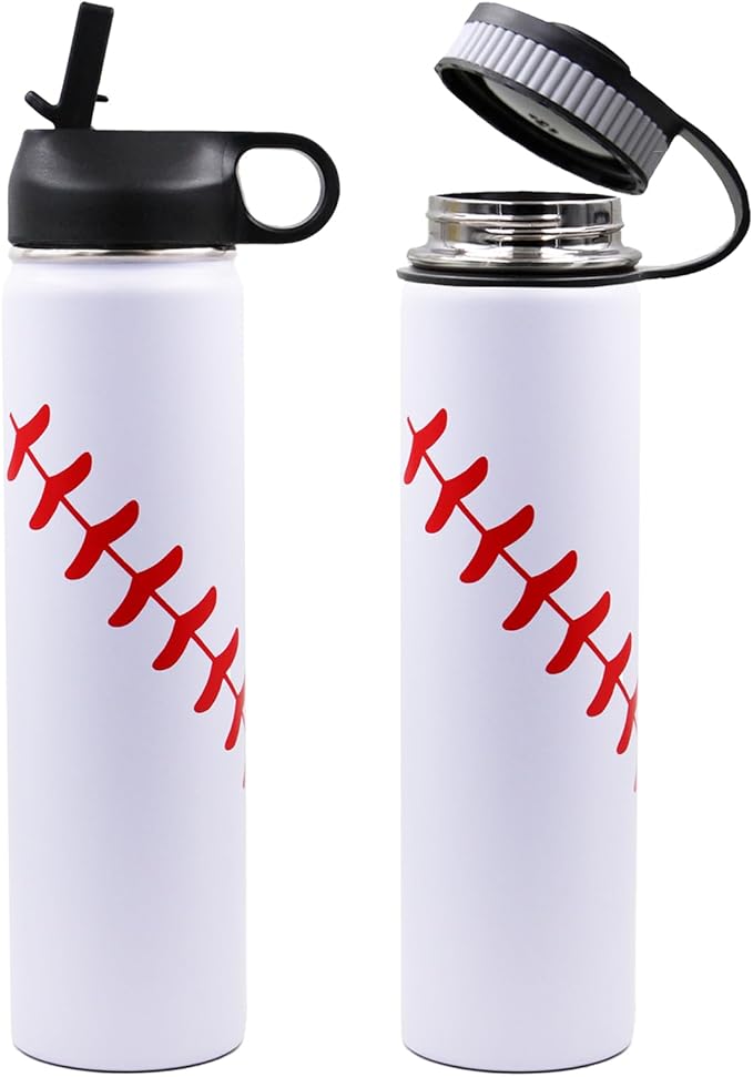 25 oz Baseball Water Bottle, Sports Flask Metal Travel Tumbler with 2 Lids, Stainless Steel Double Wall Vacuum Insulated Leak Proof Thermo Water Bottles, Baseball Accessories Gifts for Mom Boys Girls
