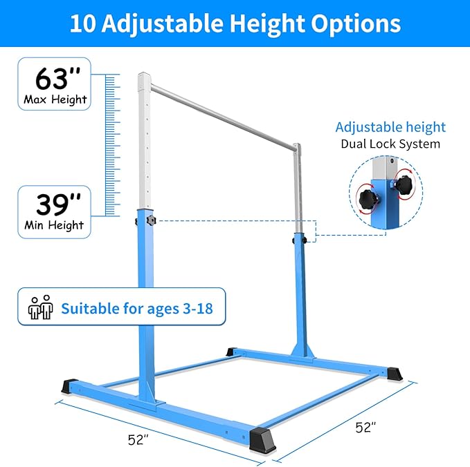 Safe Sturdy Gymnastics Bar for Kids Ages 3-18，Easy to Assemble and Release，3'-5' Adjustable Heigh，Anti-Slip，Steel Home Gym Training Bar for Junior Gymnasts，Gymnastic Equipment for Indoor Practice，All