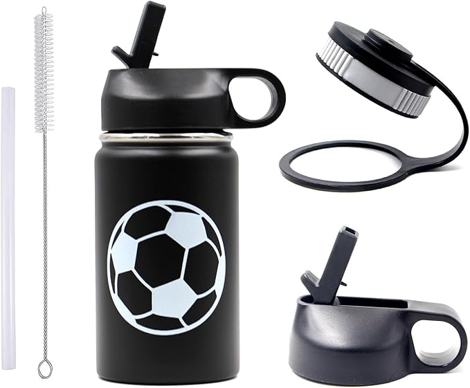 12 oz Soccer Water Bottle with Straw, Sports Flask Metal Travel Tumbler with 2 Lids, BPA Free Stainless Steel Double Wall Vacuum Insulated Leak Proof Thermo Water Bottles, Soccer Gifts for Boys Girls