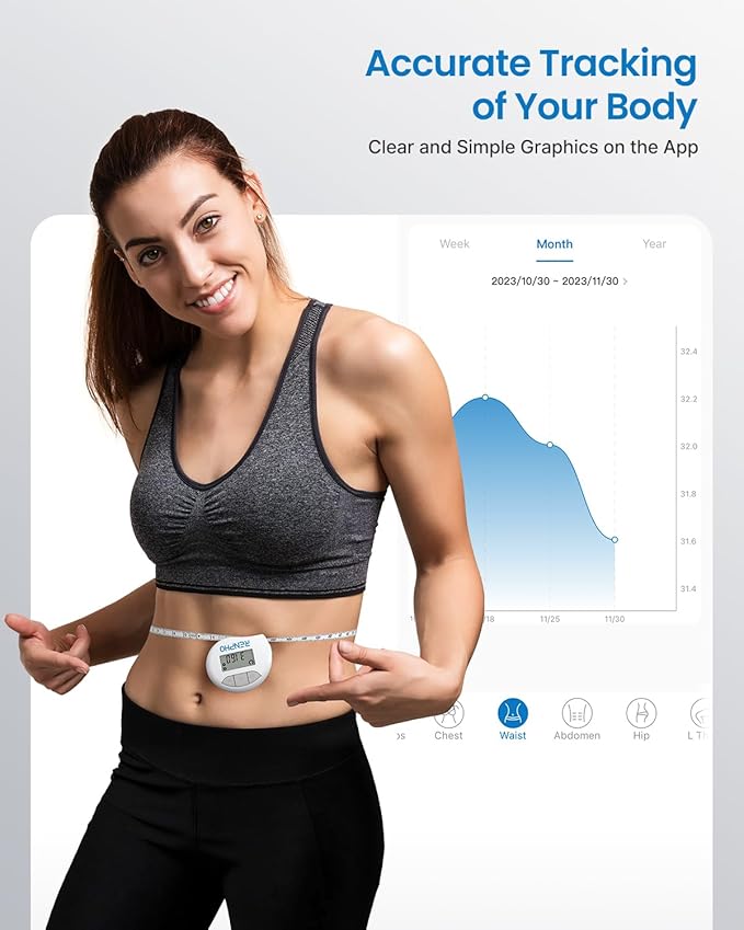 RENPHO Body Measuring Tape, Smart Tape Measure for Weight Loss, Bluetooth Fitness Equipment with App, Measuring Waist, Hip, Bust, Arms, Muscle Gain, Retractable, 60in /150cm, White