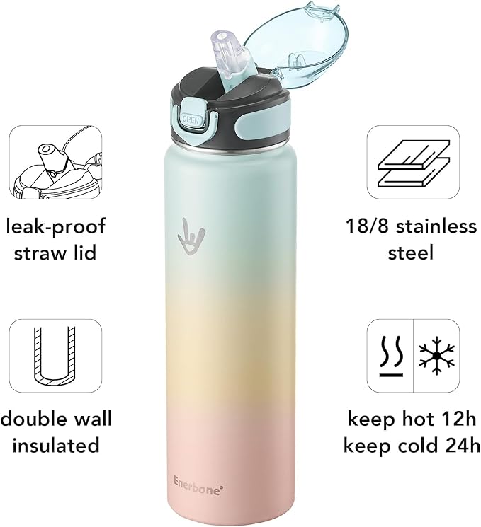 Enerbone 32 oz Insulated Water Bottle, Stainless Steel Bottle with Carrying Strap, Double-Wall Vacuum Insulation Design, Leakproof Sports Bottle with Straw, Keep Drinks Cold or Hot for Hours