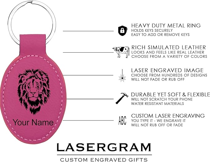 LaserGram Oval Keychain, Quad, Personalized Engraving Included (Hot Pink)
