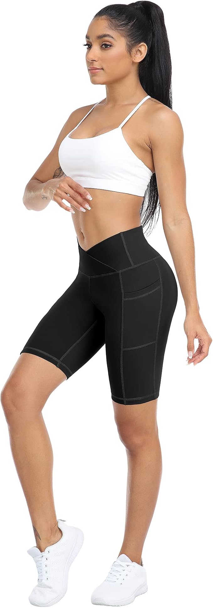 WHOUARE 4 Pack Biker Yoga Shorts with Pockets for Women,High Waisted Athletic Running Workout Gym Shorts Tummy Control