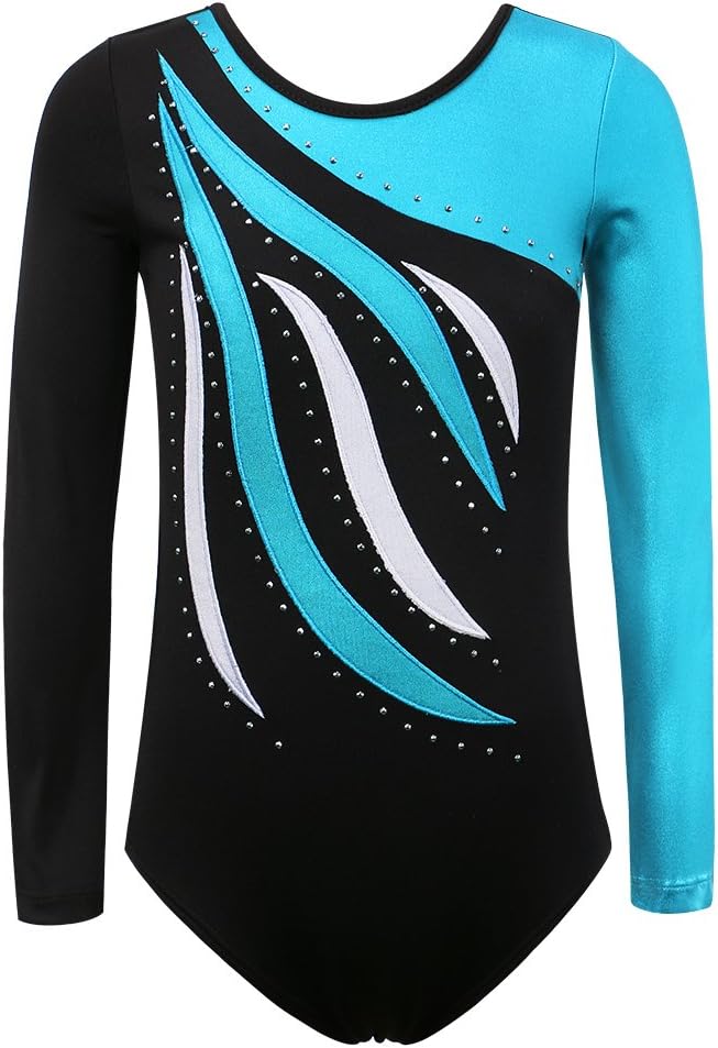 BAOHULU Leotards for Girls Gymnastics Long Sleeve Embroidery Shiny Black Diamond Dance Clothes