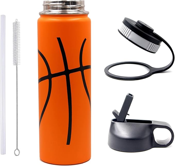22 oz Basketball Water Bottle, Sports Flask Metal Travel Tumbler with 2 Lids, Stainless Steel Double Wall Vacuum Insulated Thermo Water bottles, Basketball Accessories Stuff Gifts for Mom Boys Girls